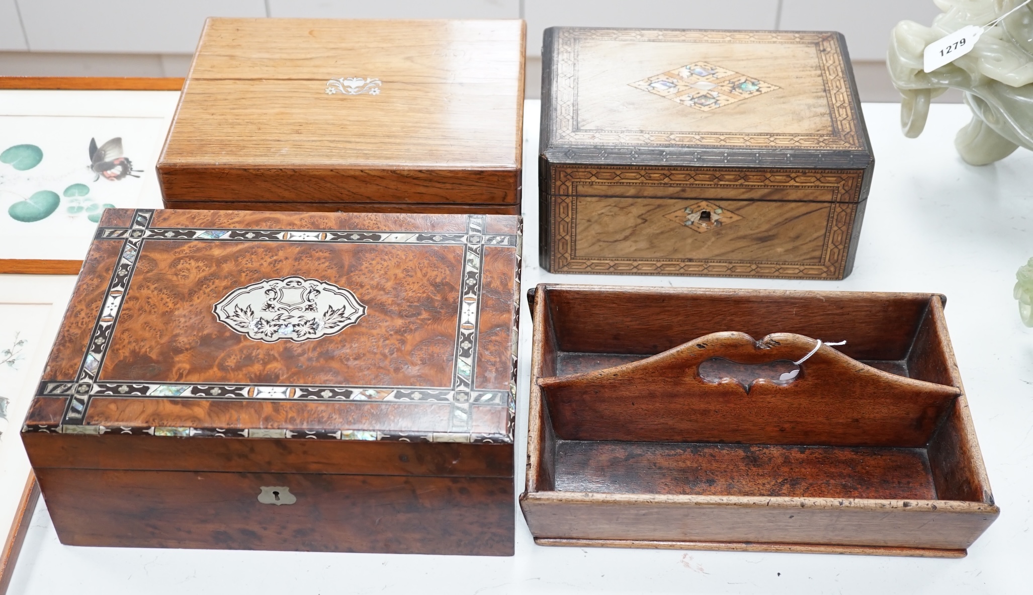 Two Victorian boxes, an amboyna writing slope and a cutlery tray / carrier, largest 33cm wide. Condition - fair